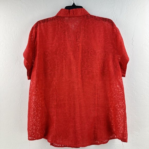 Chicos Camp Button Shirt Womens L‎ Burn out Semi Sheer Coral Red 2 Linen Blend - Picture 6 of 6